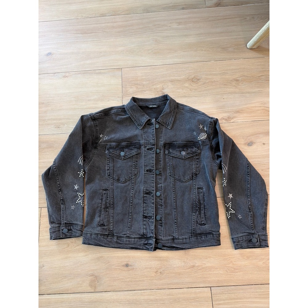 Driftwood Womens Celestial Star Planet‎ Embroidered Denim Jacket Black Medium